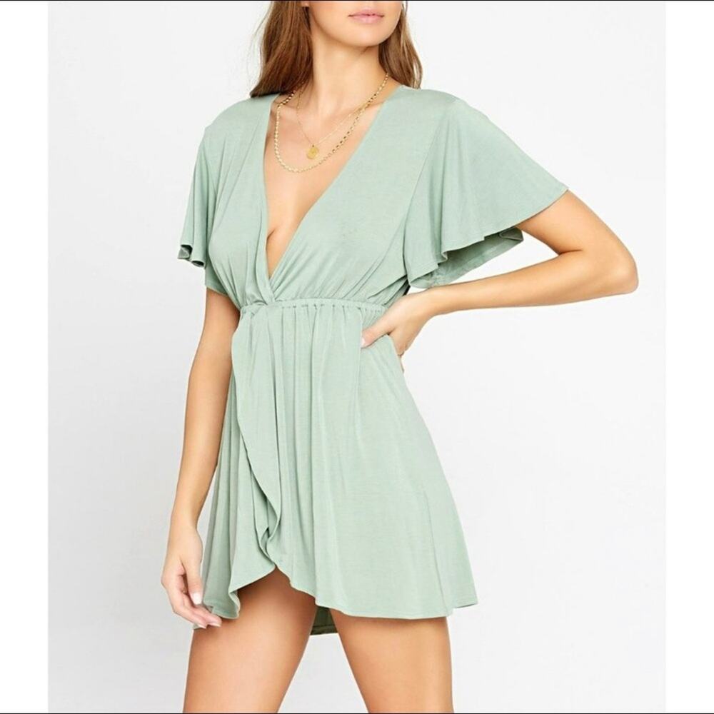 NWT L*Space | Green Lana Short Sleeve V-Neck Cover Up Mini Dress Size Large